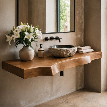 Live Edge Bathroom Vanity Shelf | Solid Wood Floating Sink Counter Kitchnce