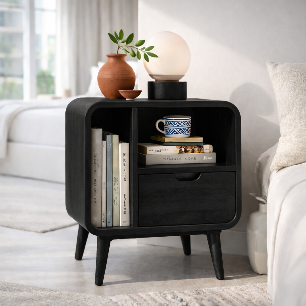 Mid Century Solid Wood Nightstand with Drawer & Shelf – Modern Bedside Table