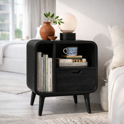 Mid Century Solid Wood Nightstand with Drawer & Shelf – Modern Bedside Table
