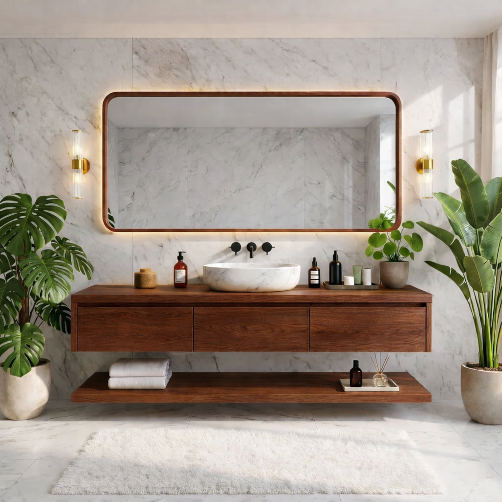 Modern Floating Vanity with Shelves, Oak Bathroom Storage Unit, Wall-Mounted Cabinet Kitchnce