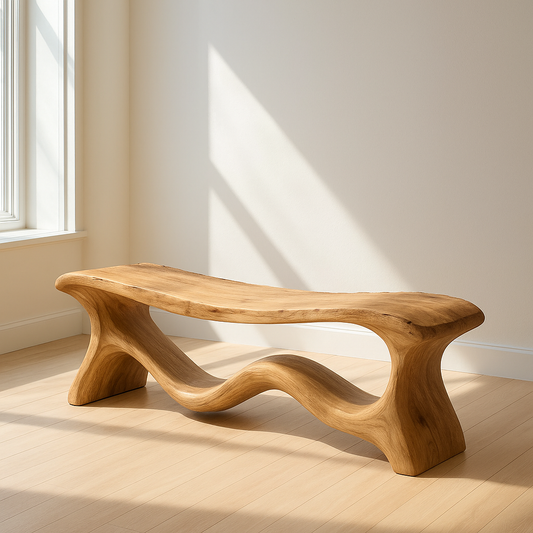 Handcrafted Solid Wood Bench – Organic Sculptural Design with Smooth Curves and Natural Finish Kitchnce