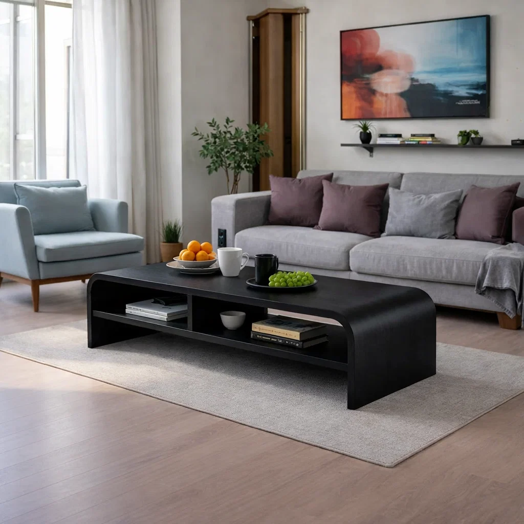 Solid Wood Waterfall Coffee Table with Open Shelf – Modern Minimalist Living Room Table