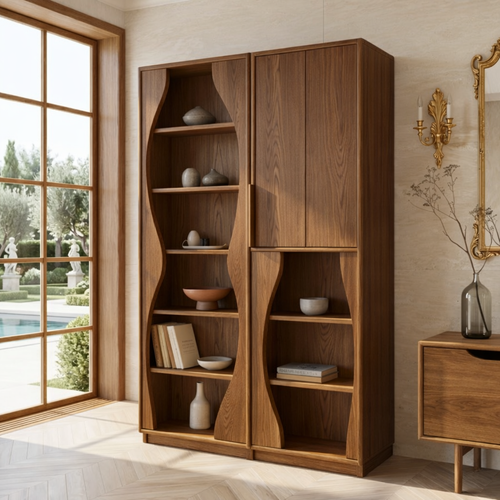 Modern Display Cabinet with Wavy Open Shelves and Tall Concealed Storage