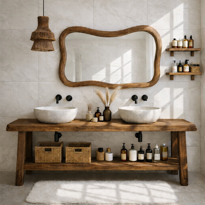 Rustic Double Bathroom Vanity Cabinet With Open Shelf Wood Vanity Base Console Kitchnce