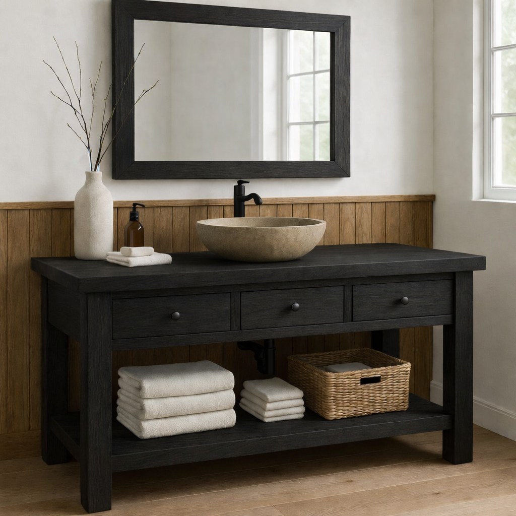 Rustic Solid Wood Bathroom Vanity with Vessel Sink – Modern Design with Storage Kitchnce