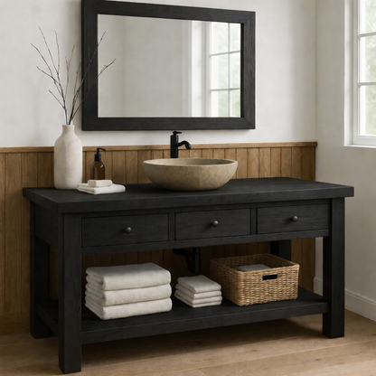 Rustic Solid Wood Bathroom Vanity with Vessel Sink – Modern Design with Storage Kitchnce