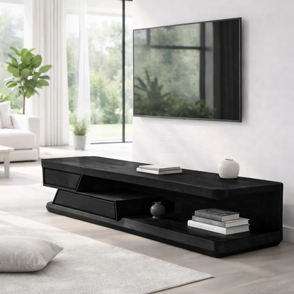 Solid Wood Media Console with Open Shelf & Drawer, Modern Low TV Stand