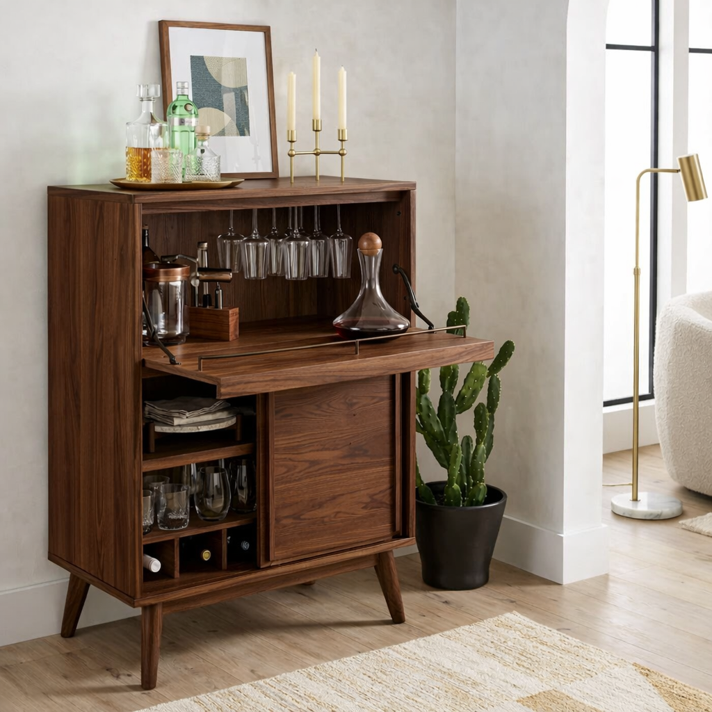 Contemporary Wooden Bar Cabinet, Entertaining Console with Glassware Storage Rack