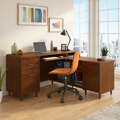 Modern L Shaped Executive Desk with Drawers, Corner Home Office Writing Table