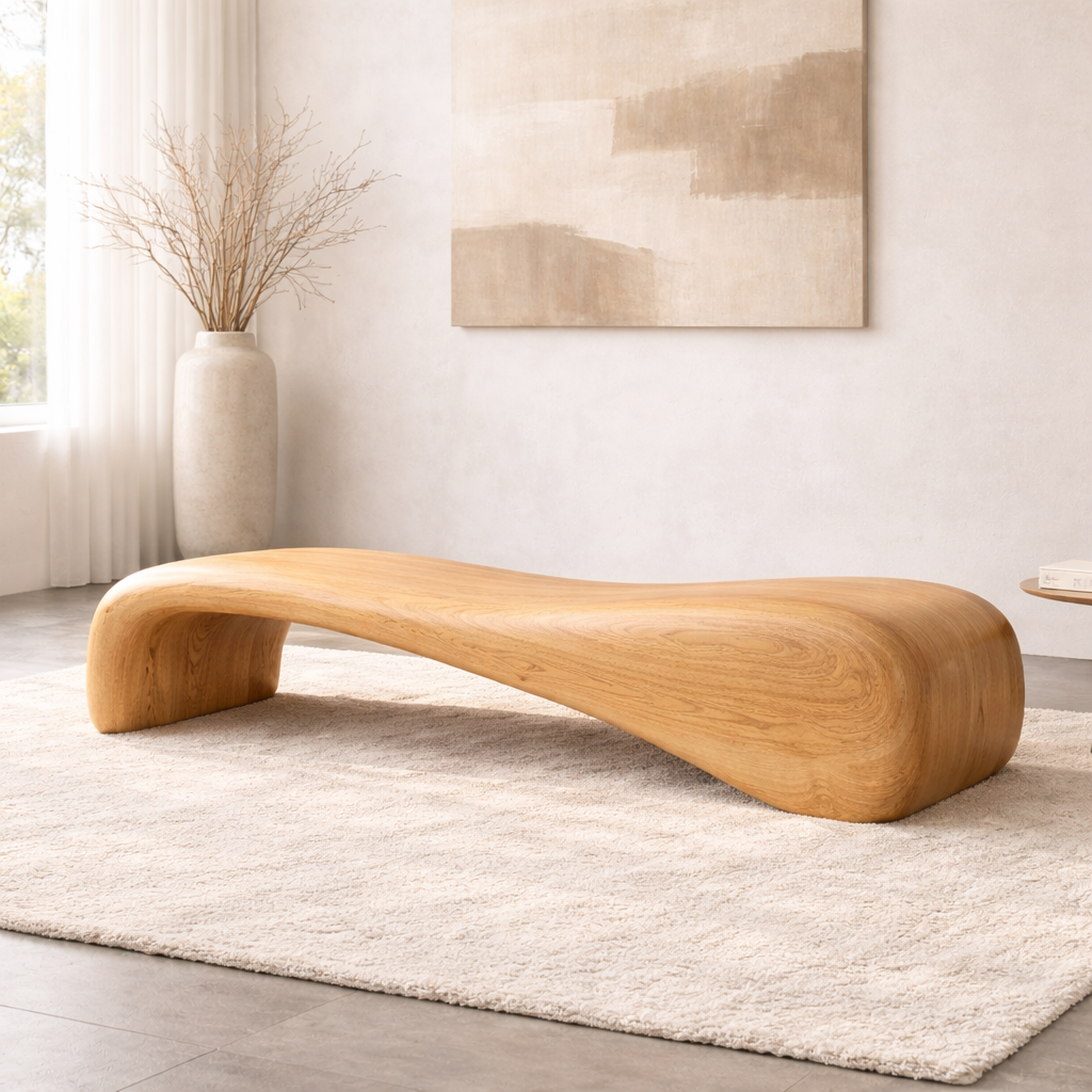 Modern Sculptural Wooden Entryway Bench, Curved Hallway Seating for Luxury Homes