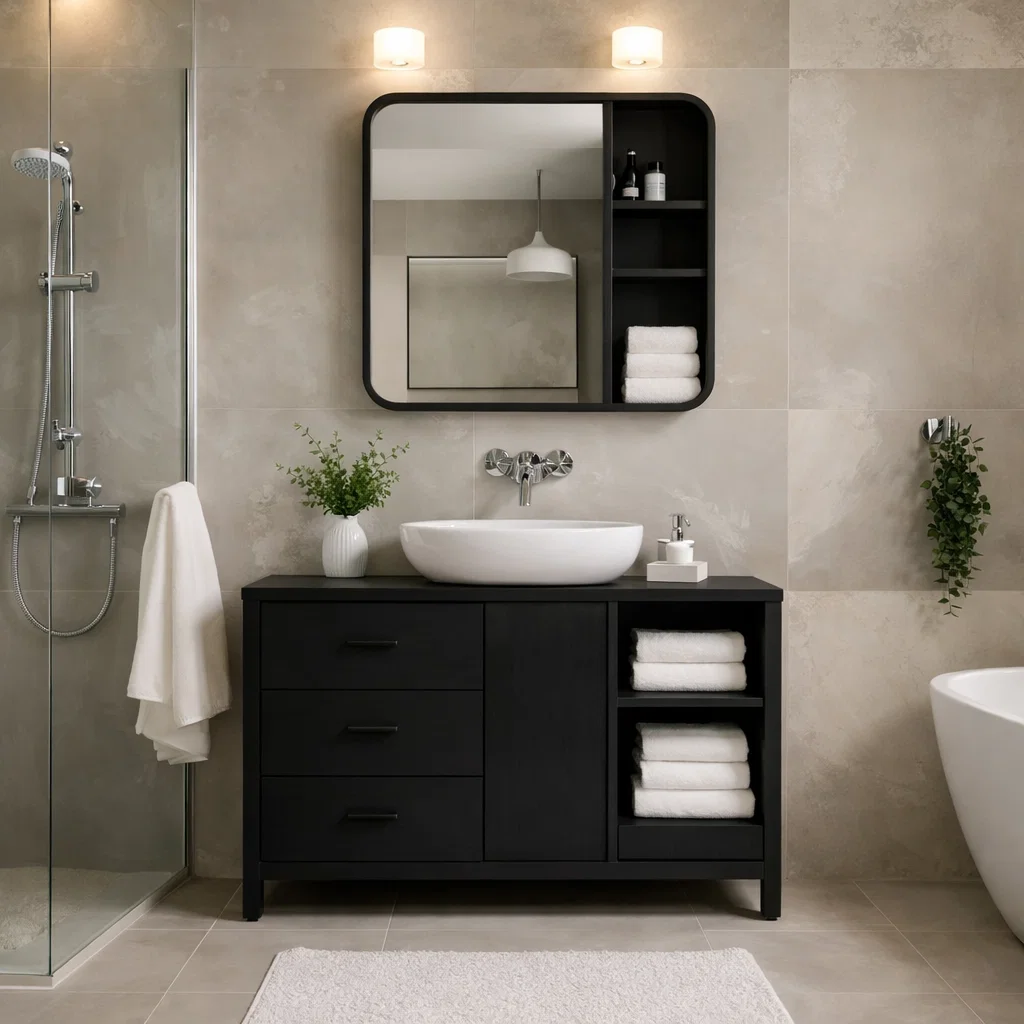 Solid Wood Bathroom Vanity Cabinet with Open Shelves & Drawers – Modern Design