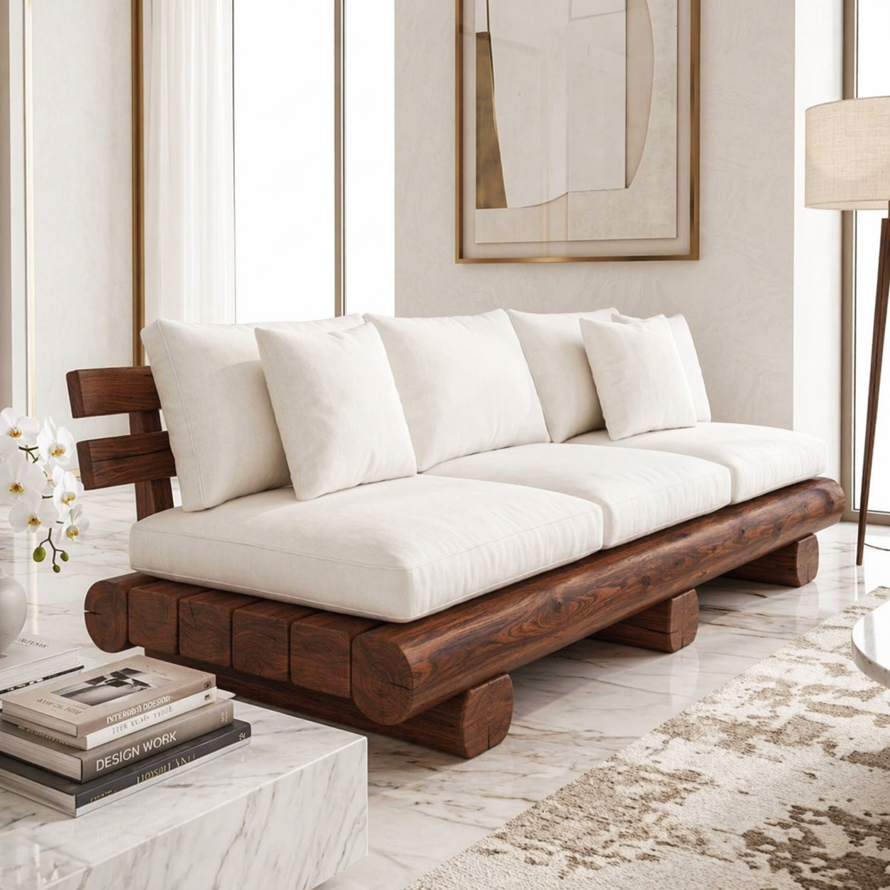Modern Rustic Wooden Sofa, Minimalist Contemporary Lounge with Oversized Cream Cushions