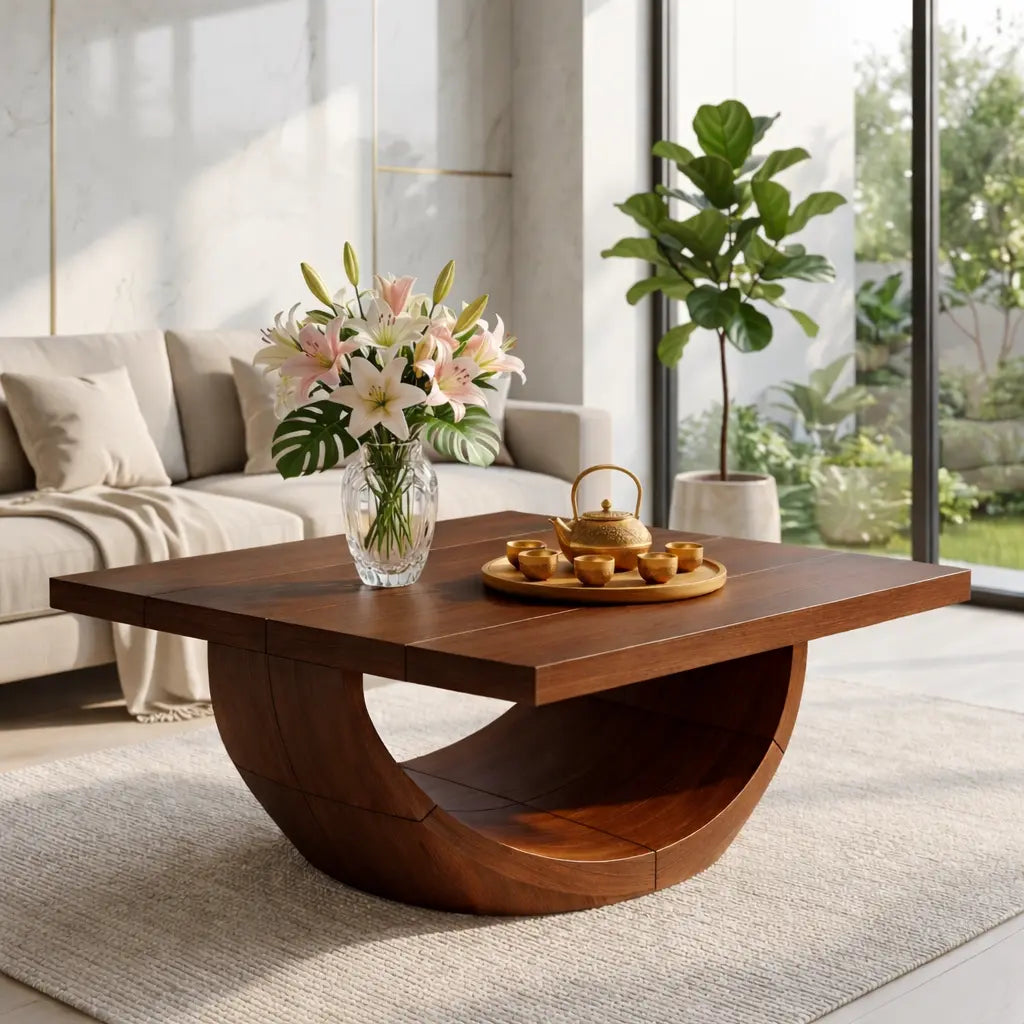 Unique Curved Wooden Coffee Table, Modern Minimalist Living Room Furniture Kitchnce