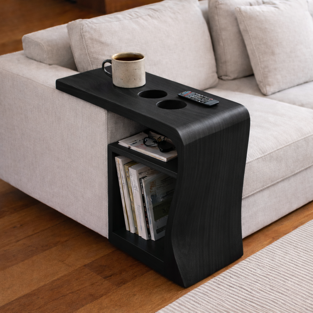 Solid Wood Sofa Armrest Table with Cup Holders and Storage – Couch Arm Tray