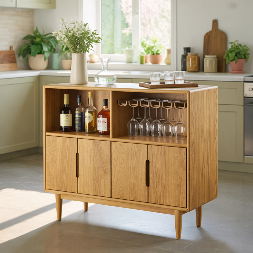 Handcrafted Solid Wood Dining Cabinet with Wine Storage and Hanging Glass Rack