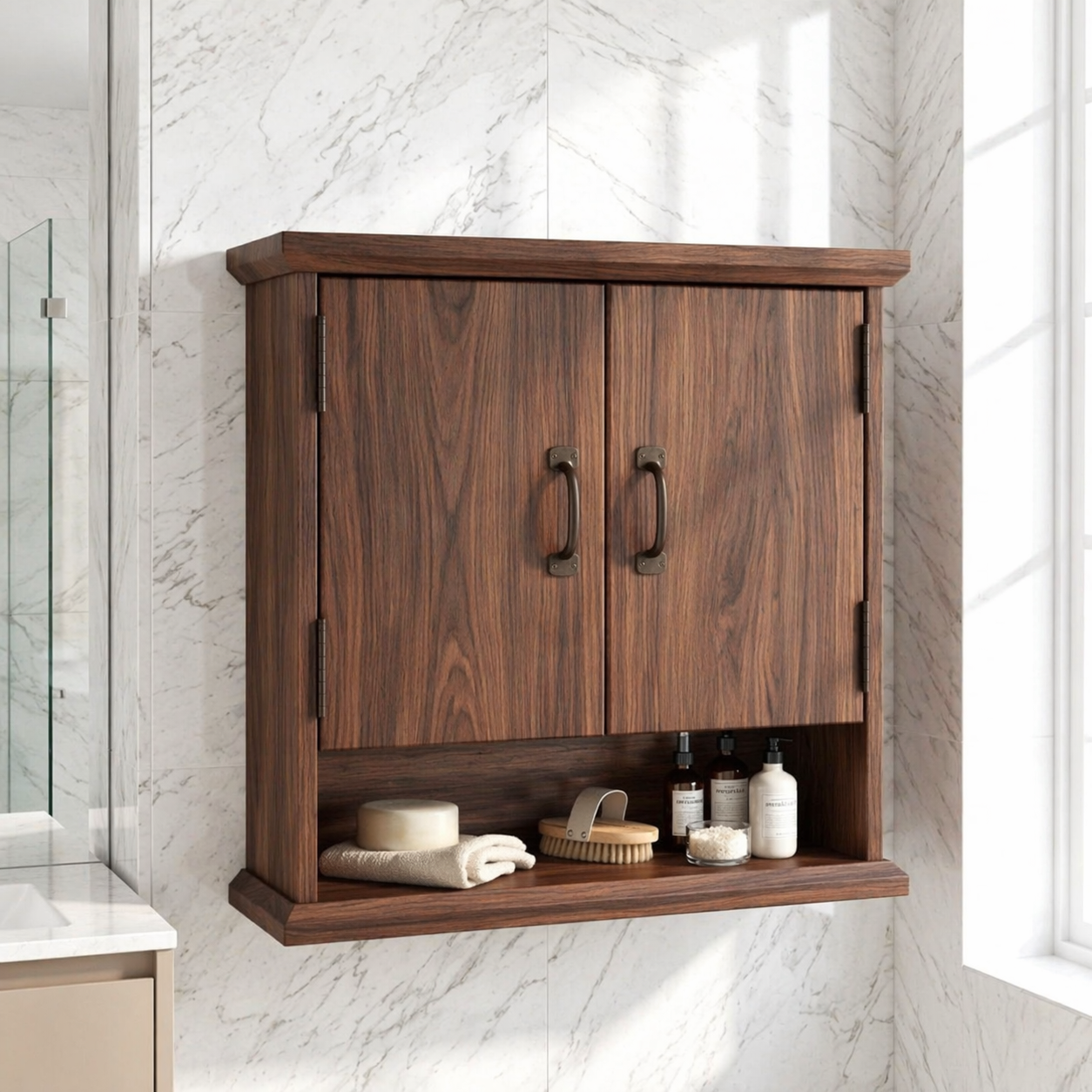 Floating Bathroom Cabinet, Wall Mounted Double Door Vanity Storage Organizer Shelf