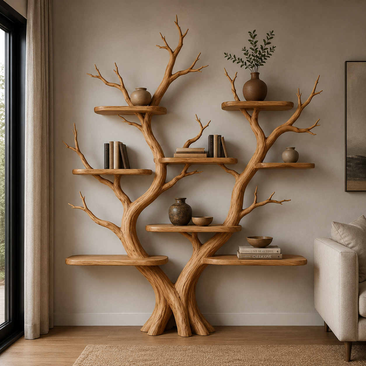Handcrafted Solid Wood Tree Bookshelf, Organic Freestanding Bookcase & Display Shelf