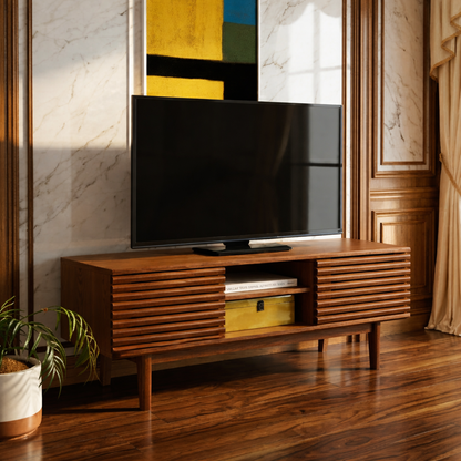 Mid Century Modern TV Stand, Slatted Media Console Cabinet with Storage for Living Room