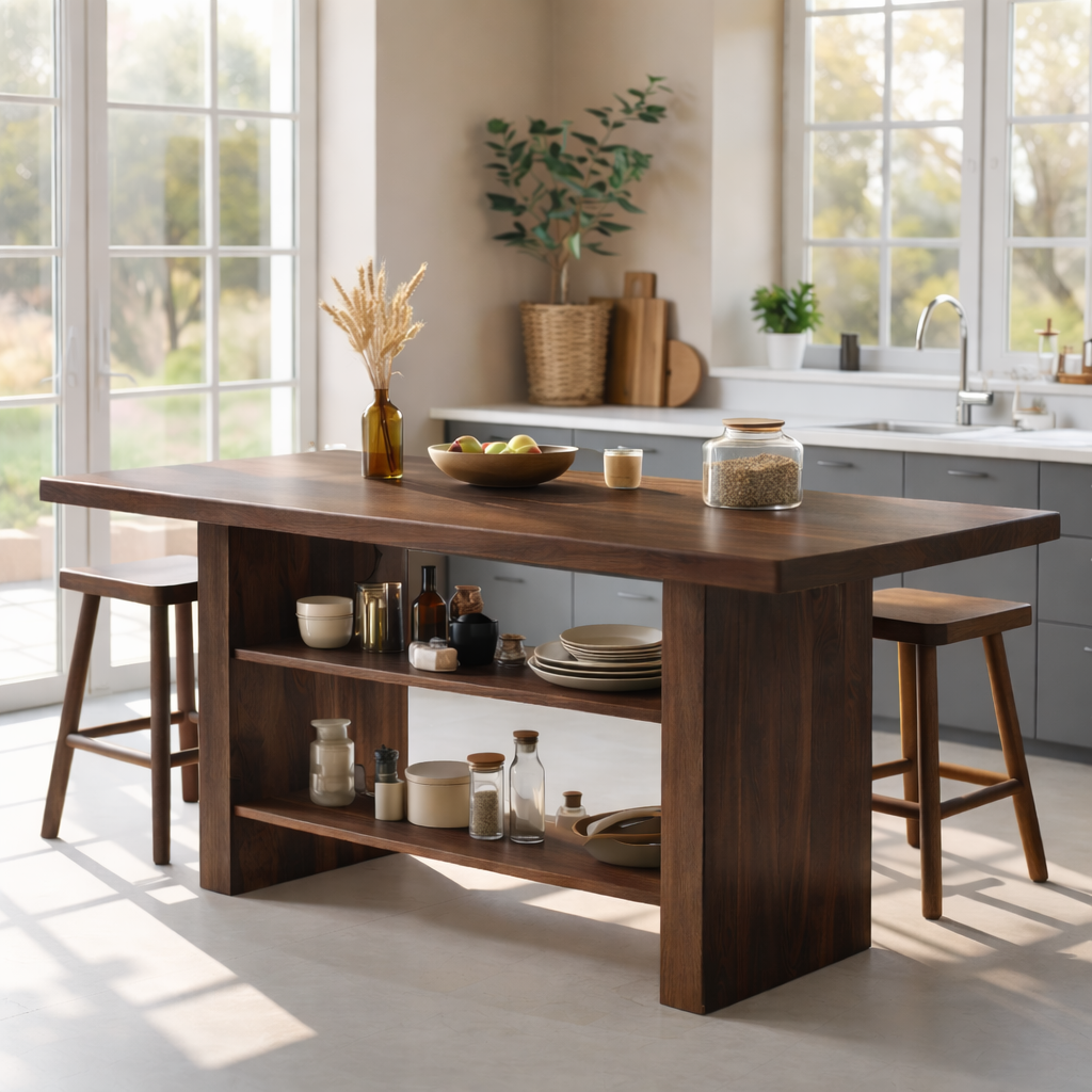 Modern Dining Table with Open Storage Shelves and Bar Seating, Multifunction Kitchen Island Table