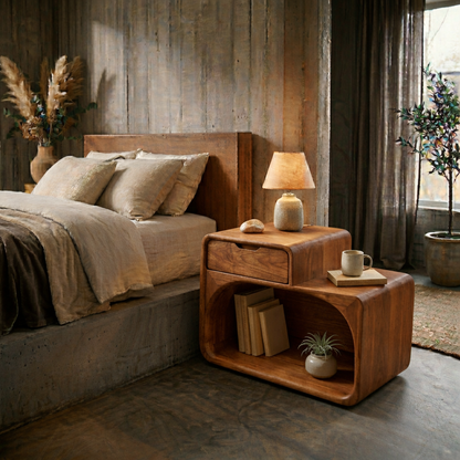 Solid Wood Nightstand with Drawer & Open Shelf – Modern Curved Bedside Table