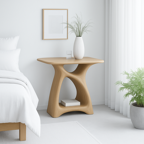Handcrafted Solid Wood Nightstand – Modern Sculptural Bedside Table with Open Shelf Kitchnce