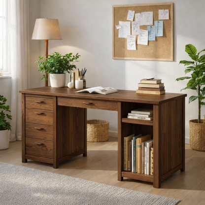 Solid Oak Handmade Work Desk with Drawers and Open Storage Shelves