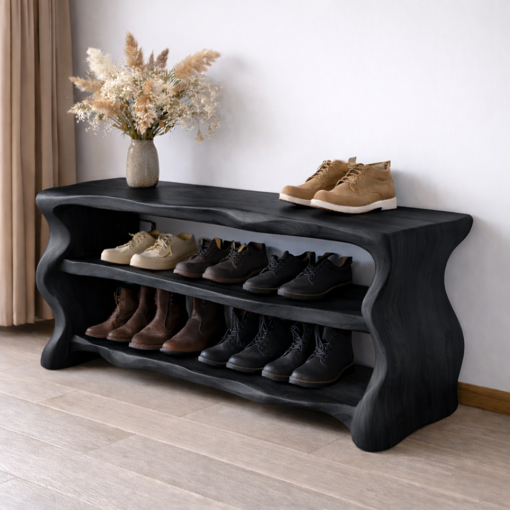 Solid Wood Entryway Bench with Shoe Storage – Rustic Live Edge Shoe Rack Bench Kitchnce