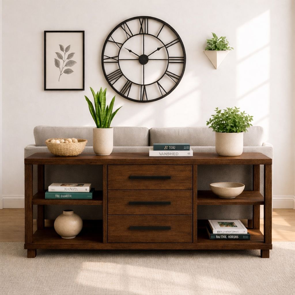 Solid Wood Console Table with Drawers and Shelves, Modern Walnut Entryway Sofa Table Storage Cabinet Kitchnce