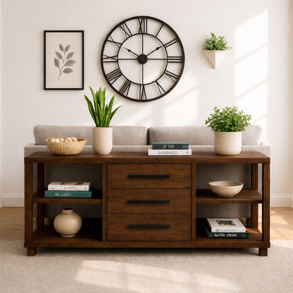Solid Wood Console Table with Drawers and Shelves, Modern Walnut Entryway Sofa Table Storage Cabinet Kitchnce