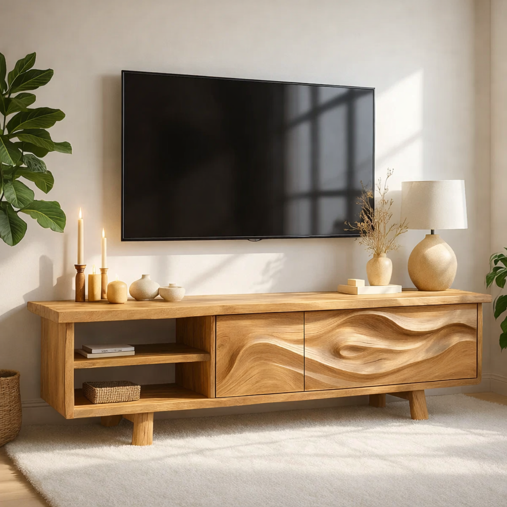 Live Edge Solid Wood TV Stand Walnut Media Console Hand Carved Modern Entertainment Unit Kitchnce