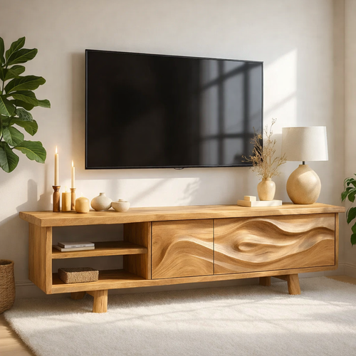 Live Edge Solid Wood TV Stand Walnut Media Console Hand Carved Modern Entertainment Unit Kitchnce