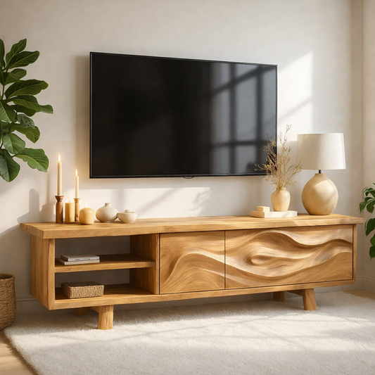 Live Edge Solid Wood TV Stand Walnut Media Console Hand Carved Modern Entertainment Unit Kitchnce