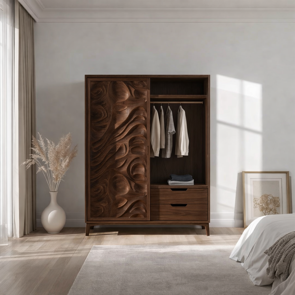 Solid Wood Wardrobe with Carved Panel Door – Modern Bedroom Closet with Drawers