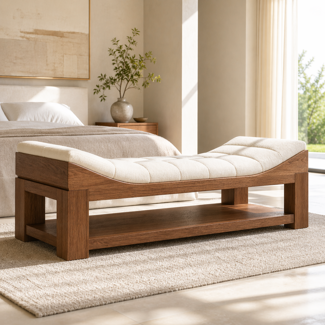 Modern Upholstered Daybed Bench with Storage Shelf for Bedroom Lounge Decor