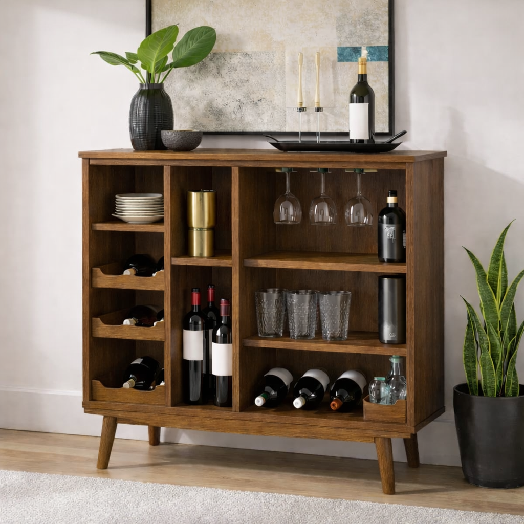 Solid Wood Wine Cabinet with Open Shelves and Glass Rack Storage Unit