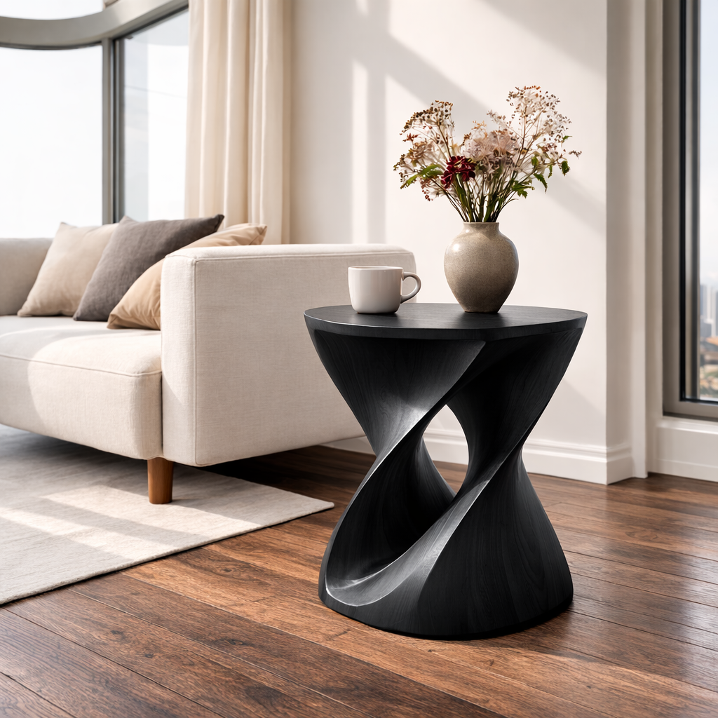 Modern Sculptural Solid Wood End Table – Artistic Curved Side Table for Living Room Kitchnce