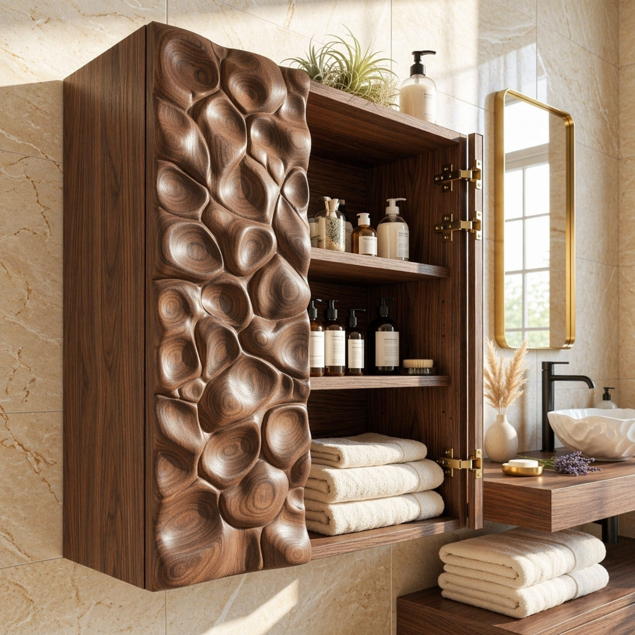 Floating Bathroom Cabinet, Modern Sculpted Wall Mounted Vanity Storage Organizer