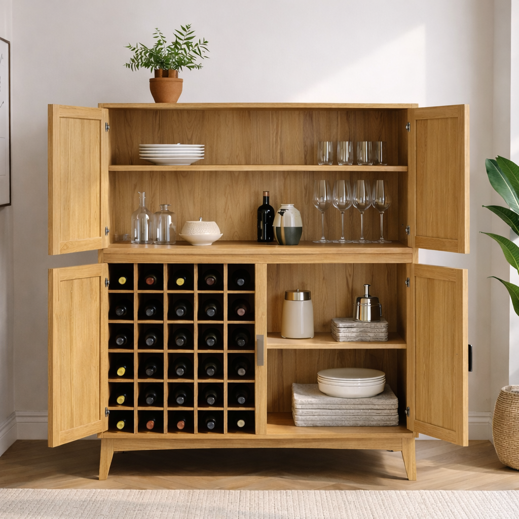 Handcrafted Solid Wood Wine Cabinet with Bottle Rack and Storage Shelves