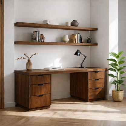Solid Wood Executive Desk with Double Drawers Modern Home Office Workstation