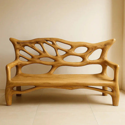 Handcrafted Solid Wood Bench – Sculptural Oak Art Bench with Organic Carved Backrest Design Kitchnce