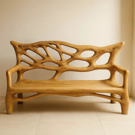 Handcrafted Solid Wood Bench – Sculptural Oak Art Bench with Organic Carved Backrest Design Kitchnce