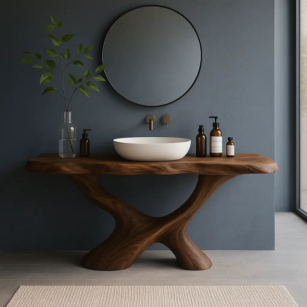 Handcrafted Solid Wood Bathroom Vanity – Sculptural Organic Flow Base with Modern Artistic Form Kitchnce
