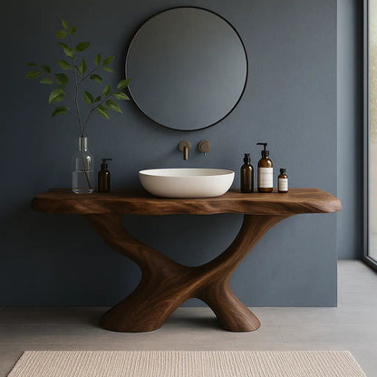 Handcrafted Solid Wood Bathroom Vanity – Sculptural Organic Flow Base with Modern Artistic Form Kitchnce