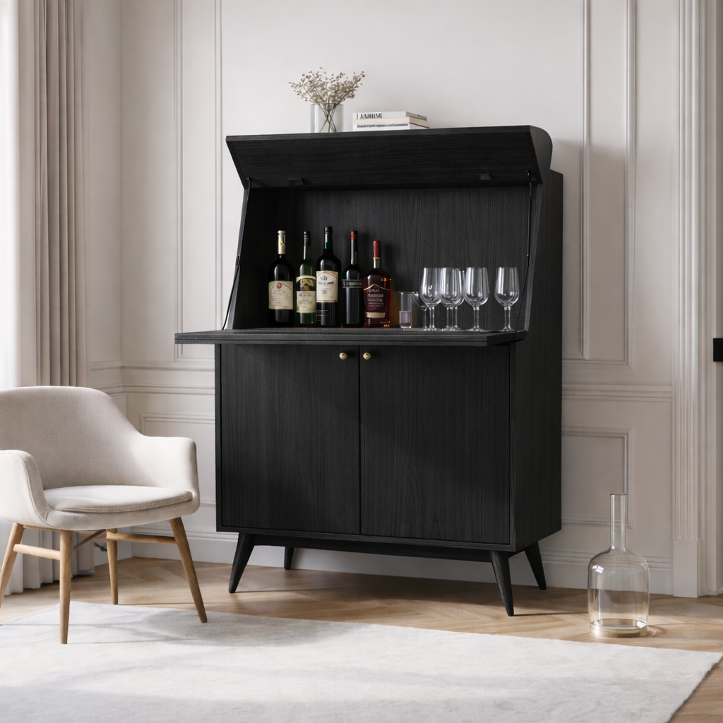 Handcrafted Solid Wood Wine Cabinet with Drop Down Bar and Storage