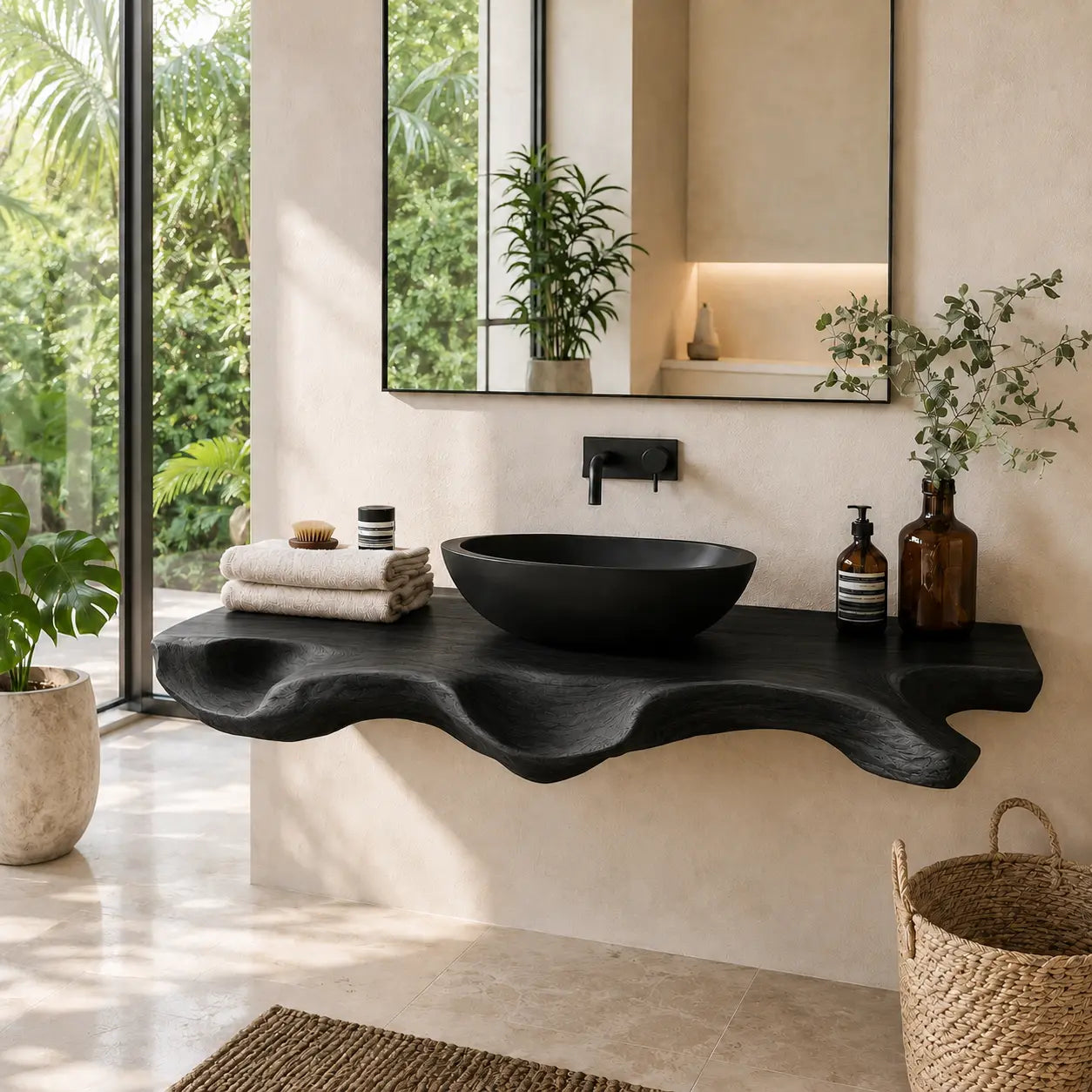 Sculptural Live Edge Vanity Shelf | Modern Solid Wood Floating Bathroom Kitchnce