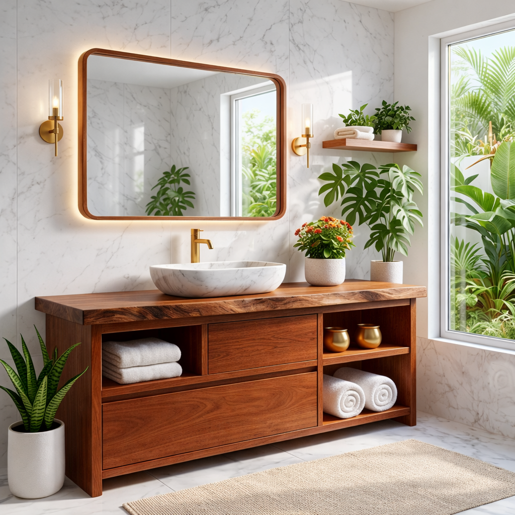 Elegant Wooden Bathroom Vanity with Marble Sink and LED Mirror Kitchnce