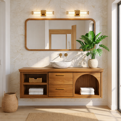Modern Walnut Floating Vanity with Arched Shelf and Natural Finish Kitchnce