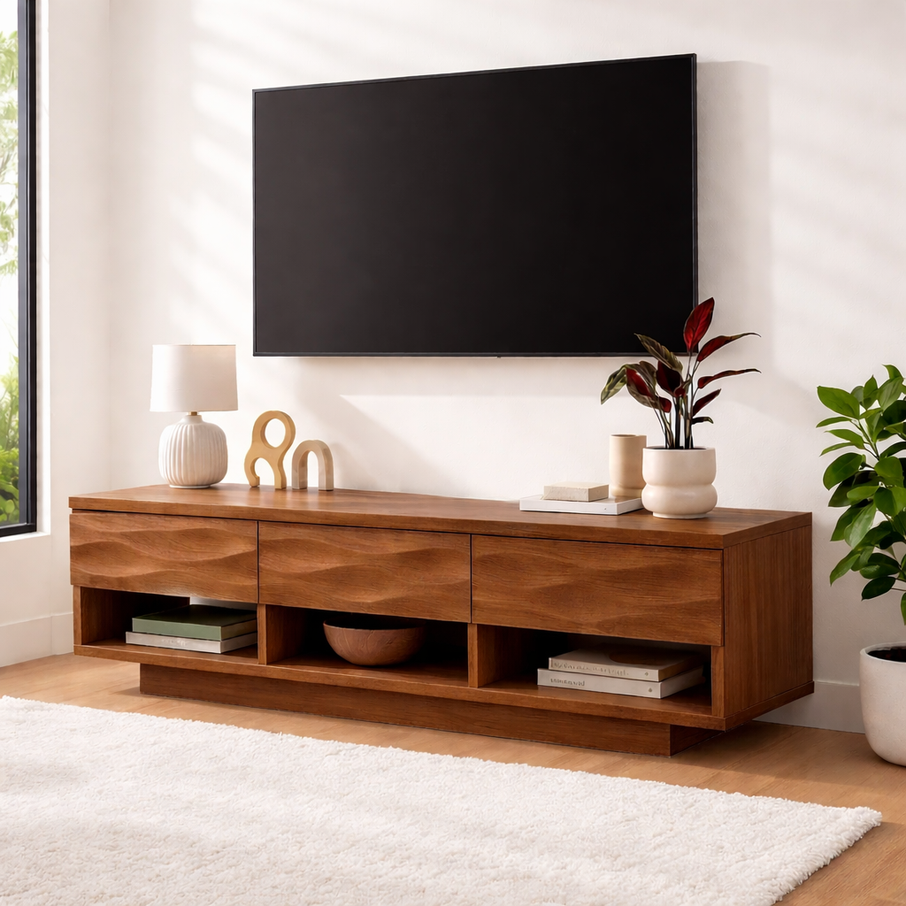 Handcrafted Solid Walnut TV Stand – Modern Wavy Drawer Media Console for Contemporary Homes Kitchnce