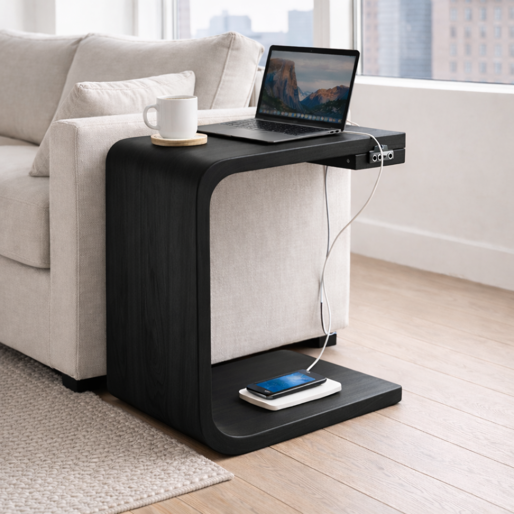 Solid Wood C-Shaped End Table with Charging Port – Modern Sofa Side Table Kitchnce