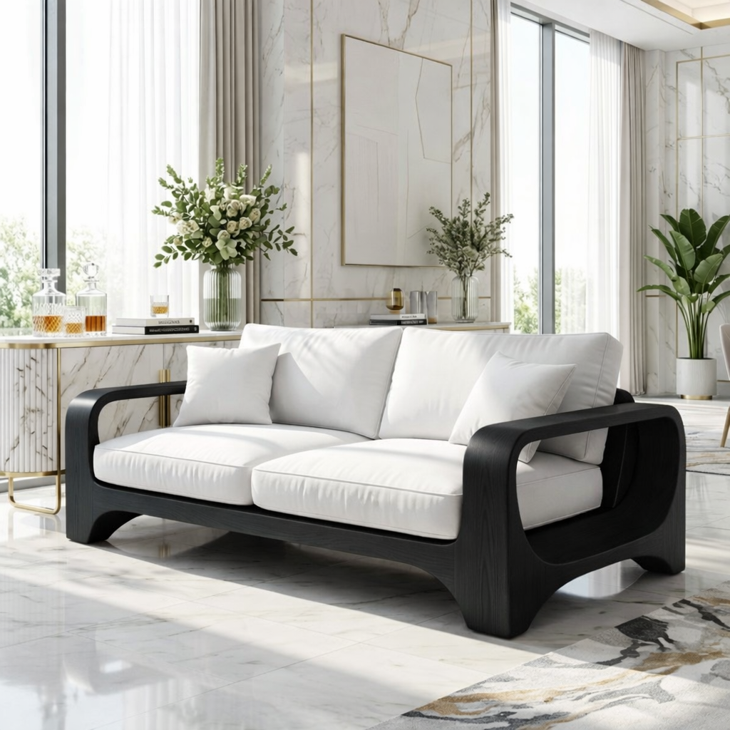 Modern Minimalist Solid Wood Sofa with White Fabric Cushions Zen Style Living Couch